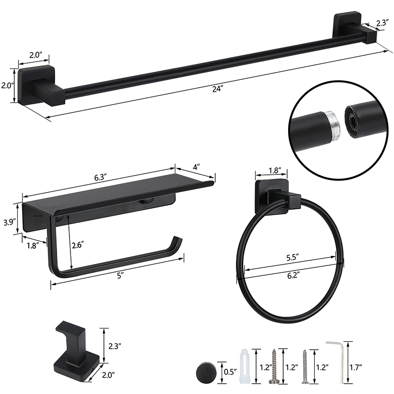 4 Piece Black Matte Bathroom Shelf Set