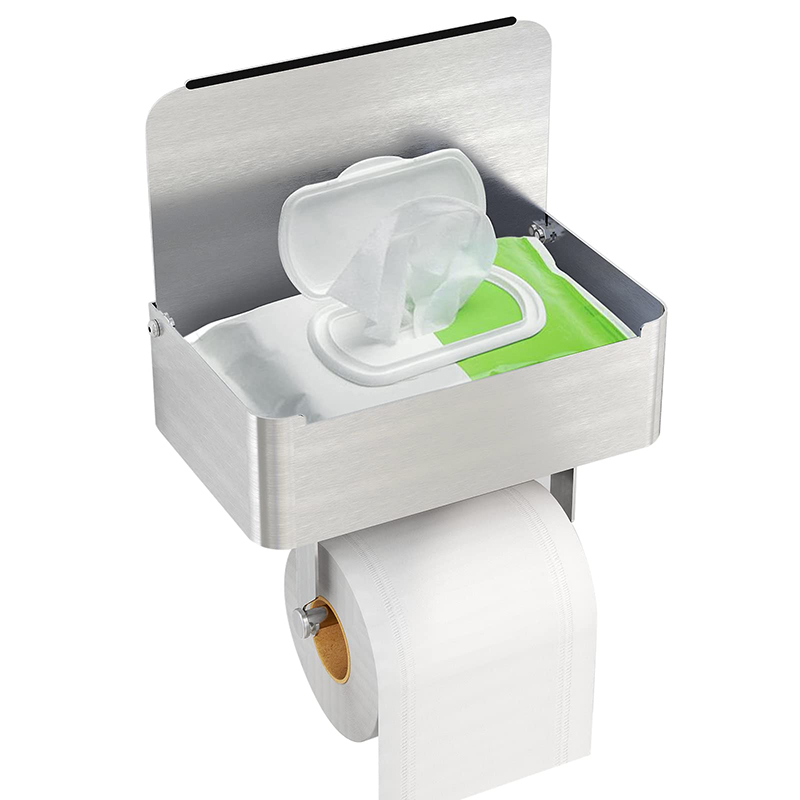 Toilet paper holder with shelf for bathroom wipes storage