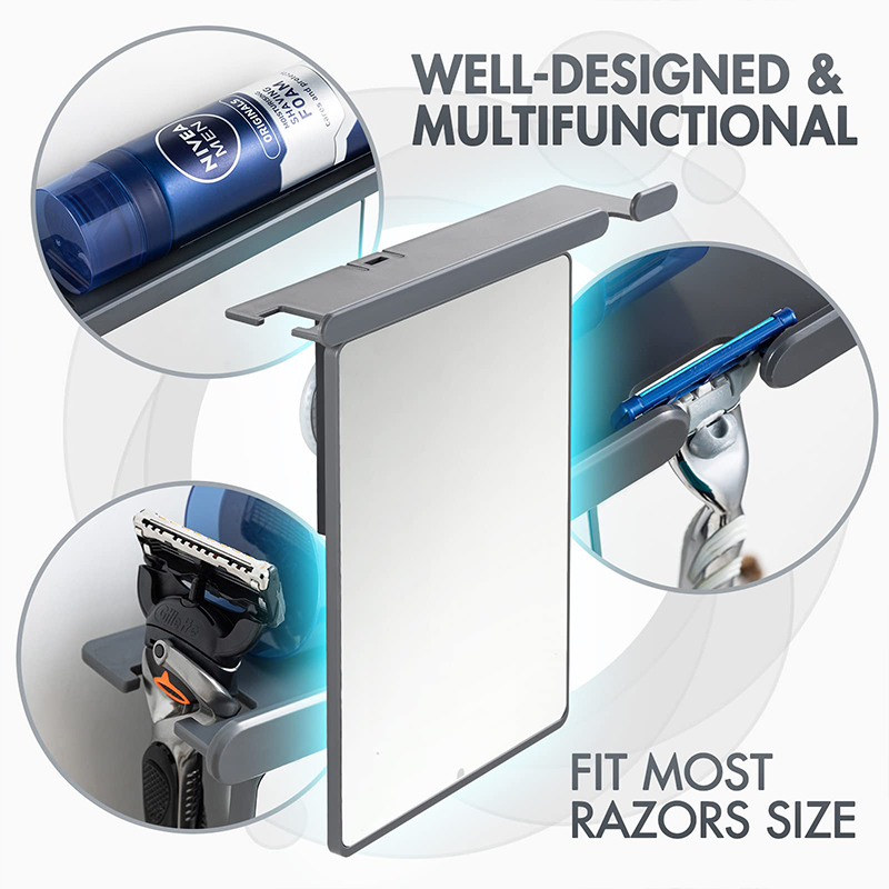 Fogless shower mirror with razor holder