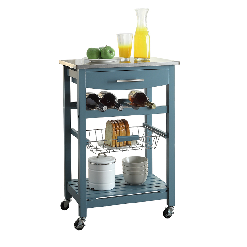 Wood Kitchen Cart With Stainless Steel Top