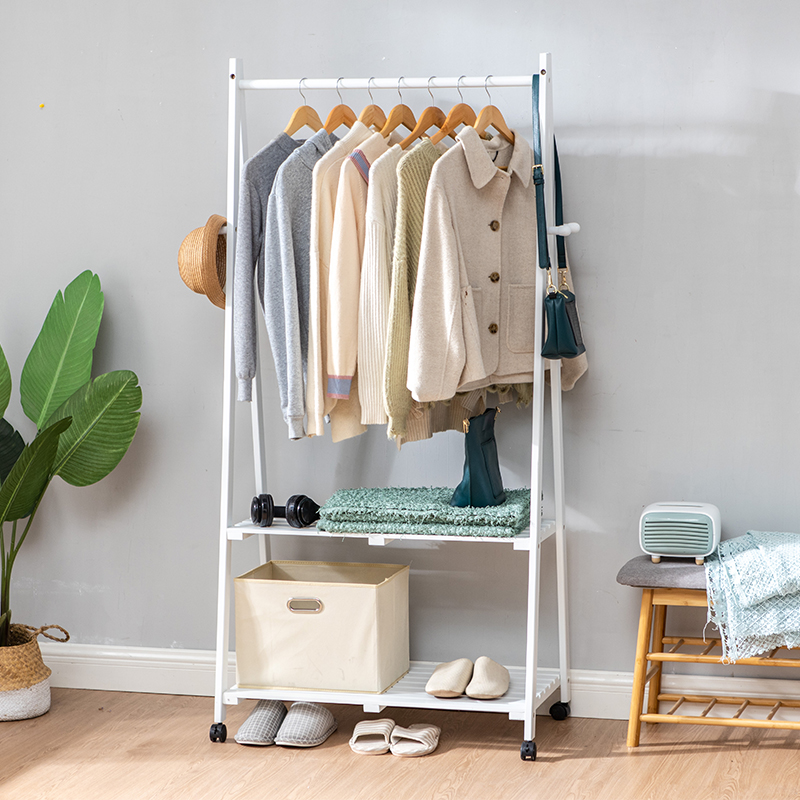 Wooden Clothing Rolling Rack on Wheels and Bottom Shelves