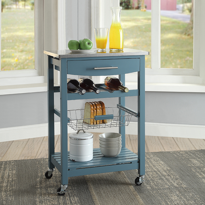 Wood Kitchen Cart With Stainless Steel Top