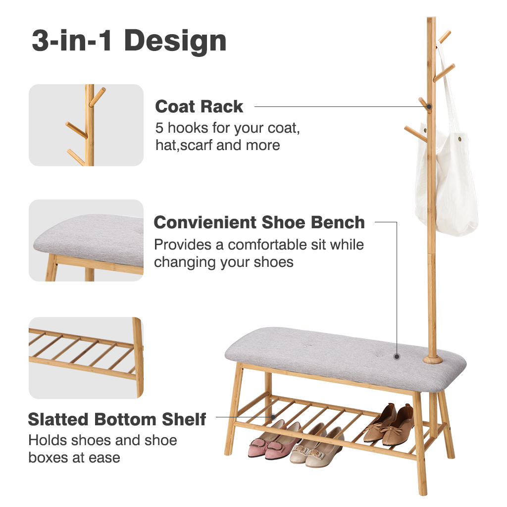 Supply Bamboo Coat Rack Shoe Bench for Entryway 3in1 Wholesale