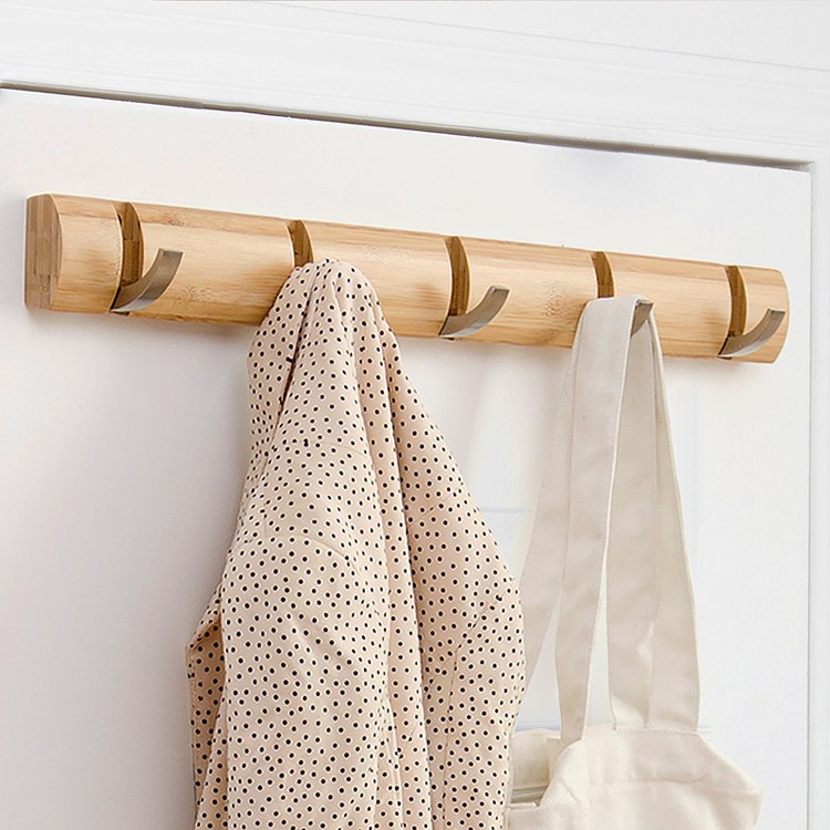 Bamboo Wall Mounted Coat Rack Hooks And Hanger Space Saving with  Retractable And Flipped Smooth for