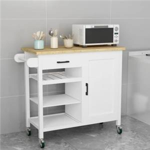Rolling Kitchen Cart Island Fixed Shelves w/Cabinet and Bamboo Top