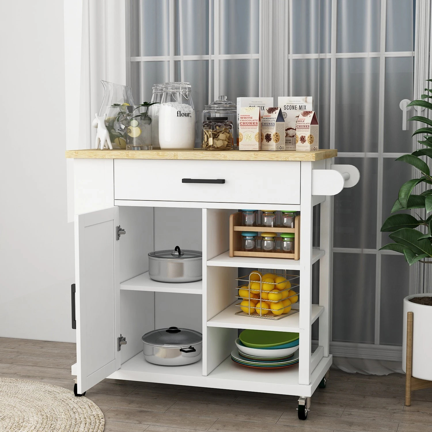 Supply Kitchen Cart /Trolley, Storage Cabinet with Counter Bamboo Top ...