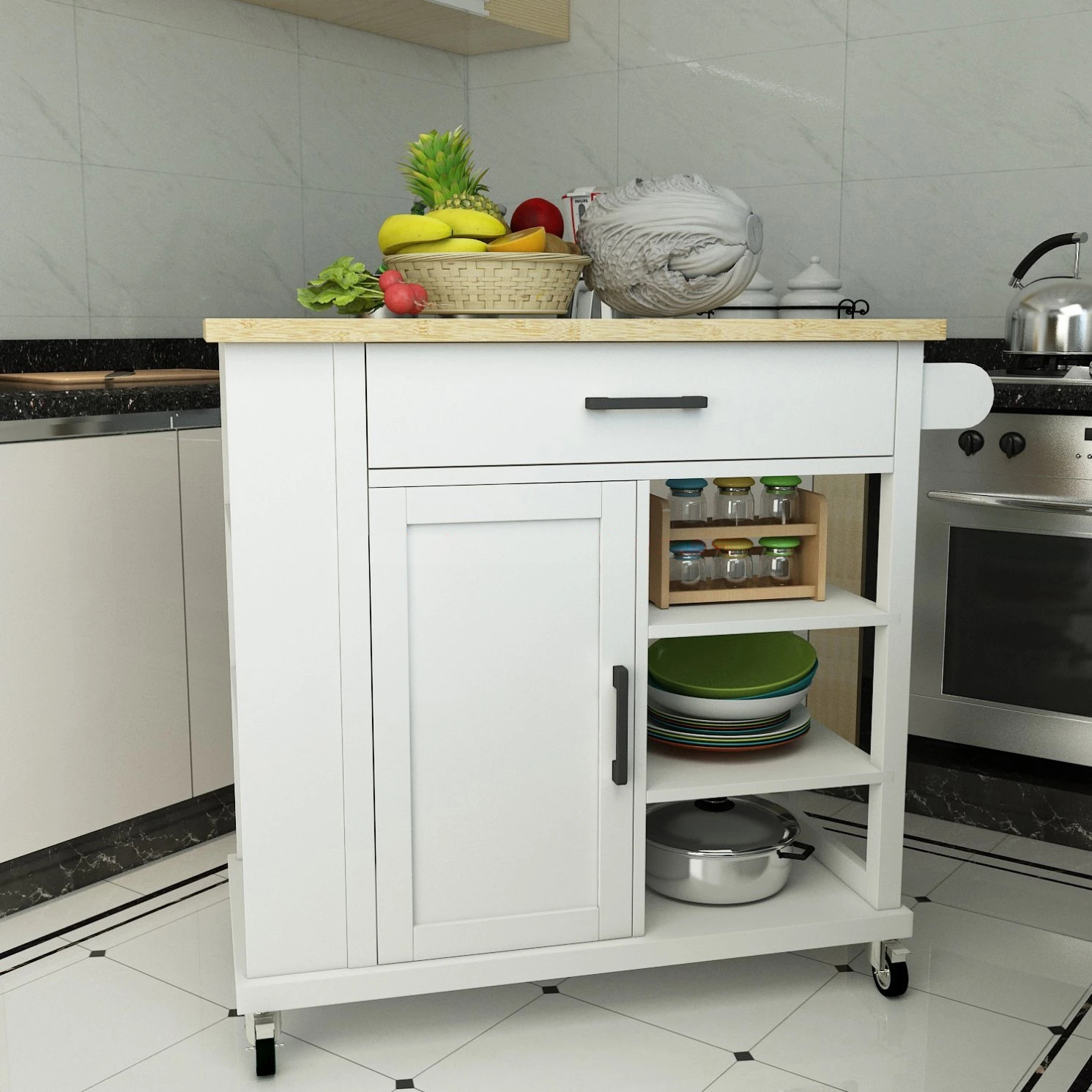 Supply Kitchen Cart /Trolley, Storage with Counter Bamboo Top