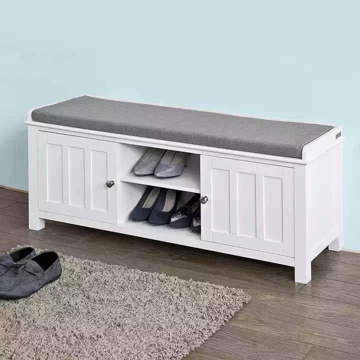 Entryway Bench with Cushion, White Color