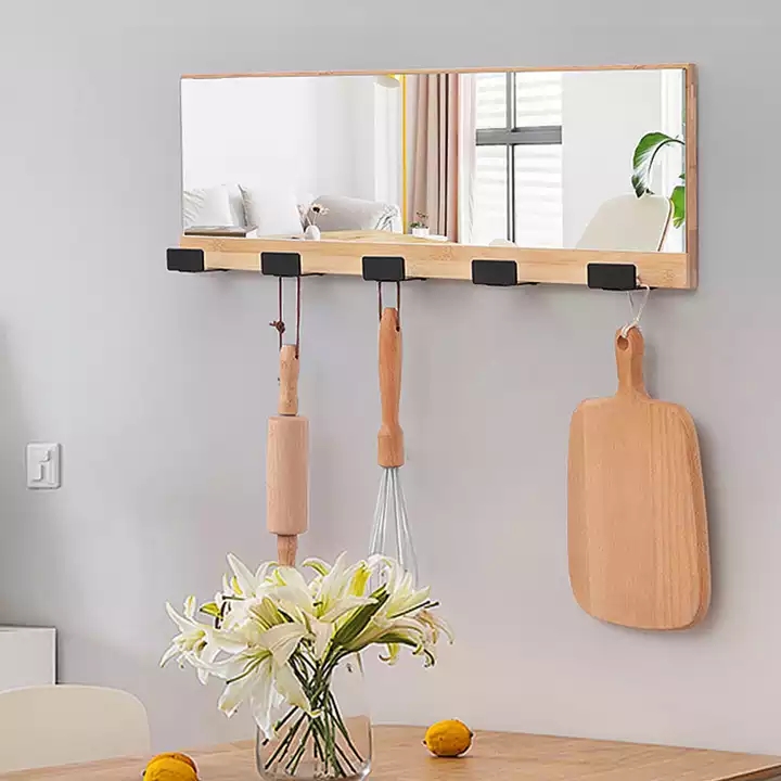 Eco-friendly Bamboo Frame Wall Mirror with Hooks for Entryway and Bathroom