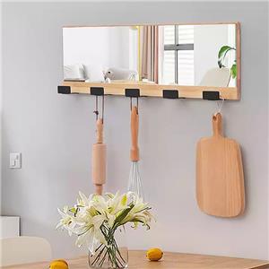 Eco-friendly Bamboo Frame Wall Mirror with Hooks for Entryway and Bathroom
