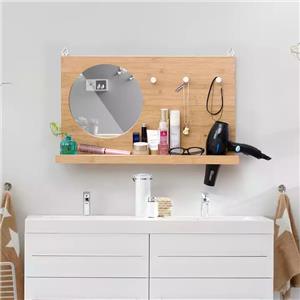 High Quality Bamboo Wall Mirror with Shelf and Hooks for Entryway and Bathroom