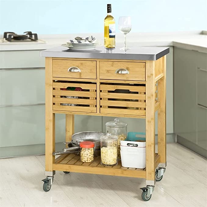 Wood Kitchen Serving Storage Trolley Cart with Stainless Steel Worktop