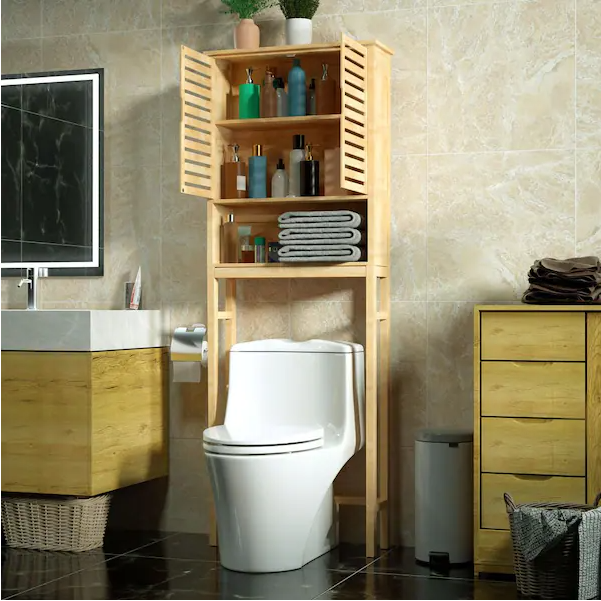 Natural Bamboo Shelves Over Toilet With Adjustable Shelf in Yellow