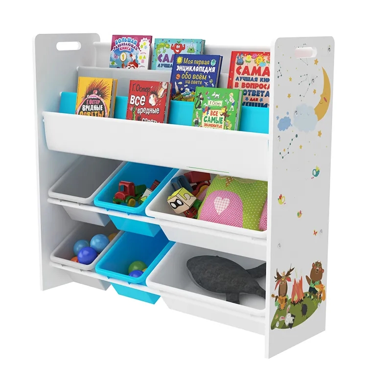 Supply Wood Kids Toy Organizer Shelf With Bookcase and 6 Plastic Bins