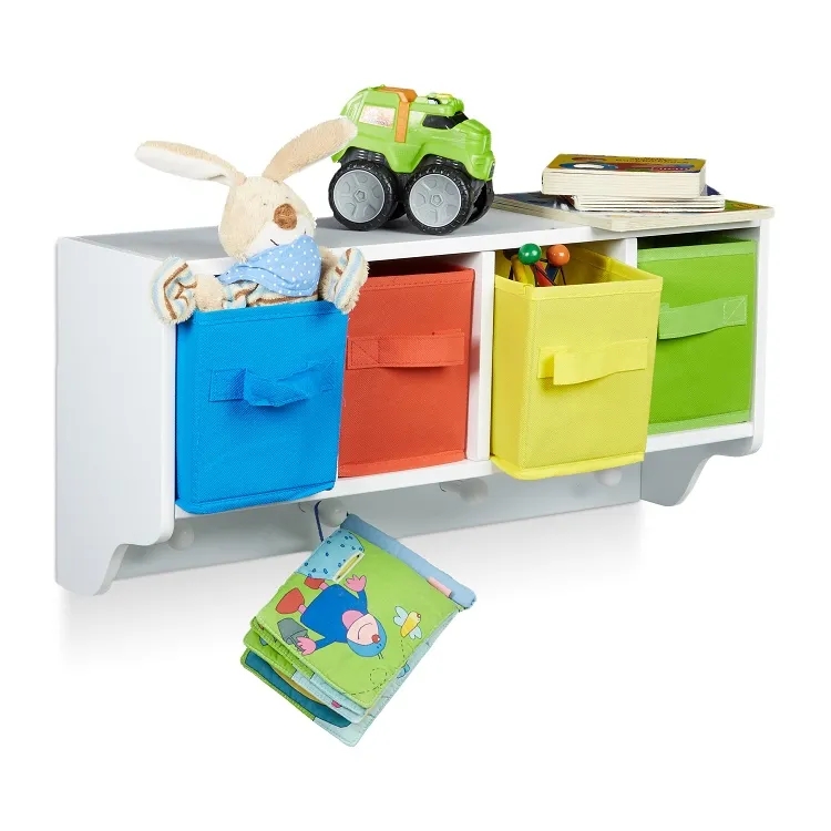 Supply kids Wooden Wall Mounted Toy Organizer With Storage Bins