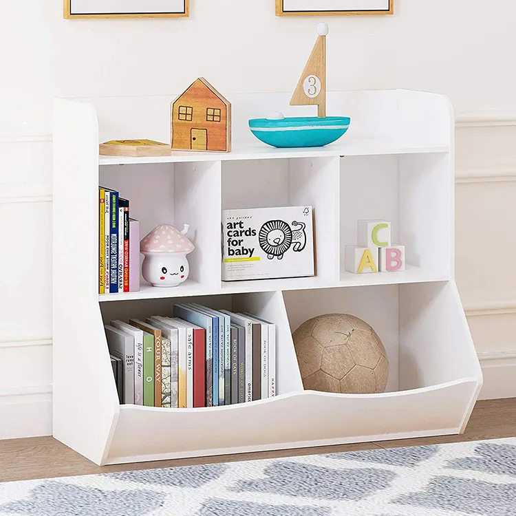 Armário para armazenamento de brinquedos infantis com várias prateleiras e estante