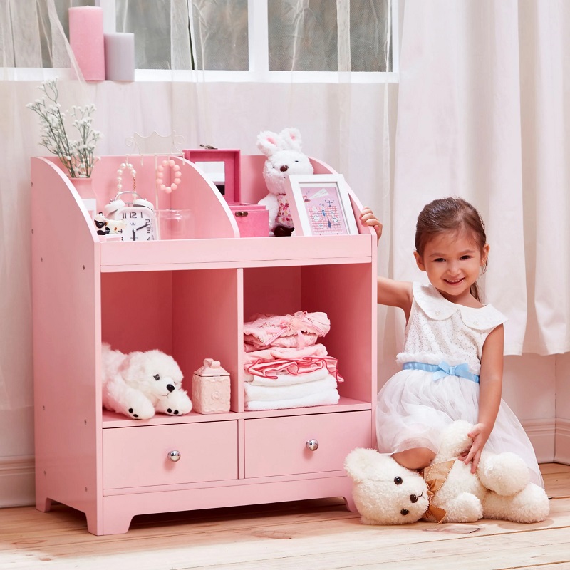 Шкаф органайзера для хранения игрушек из МДФ для детей розового цвета
