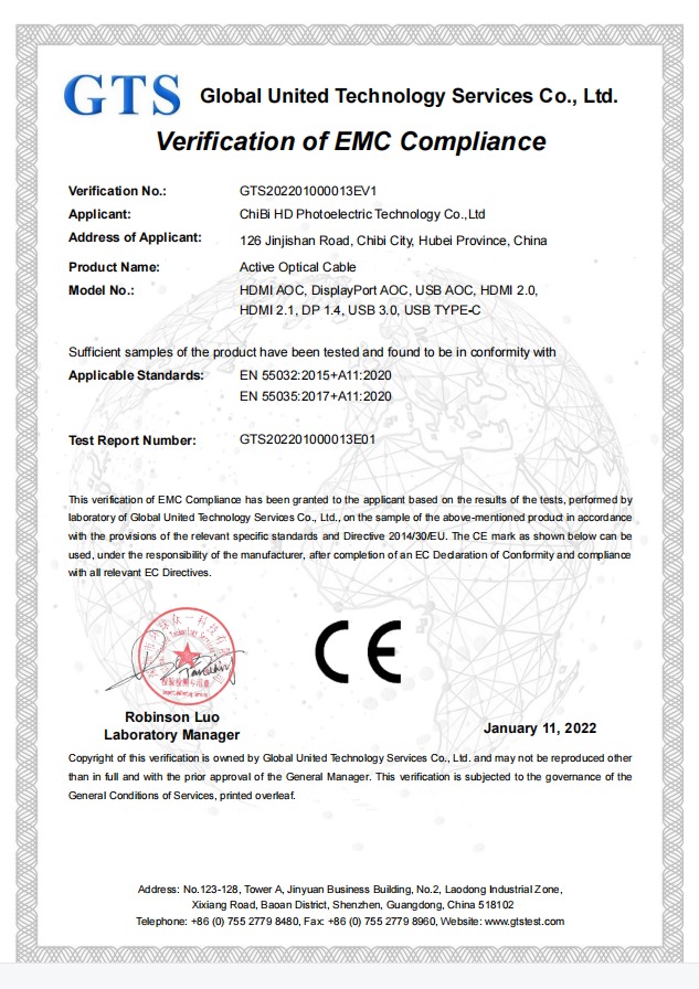 CE certificate for Active Optical Cable