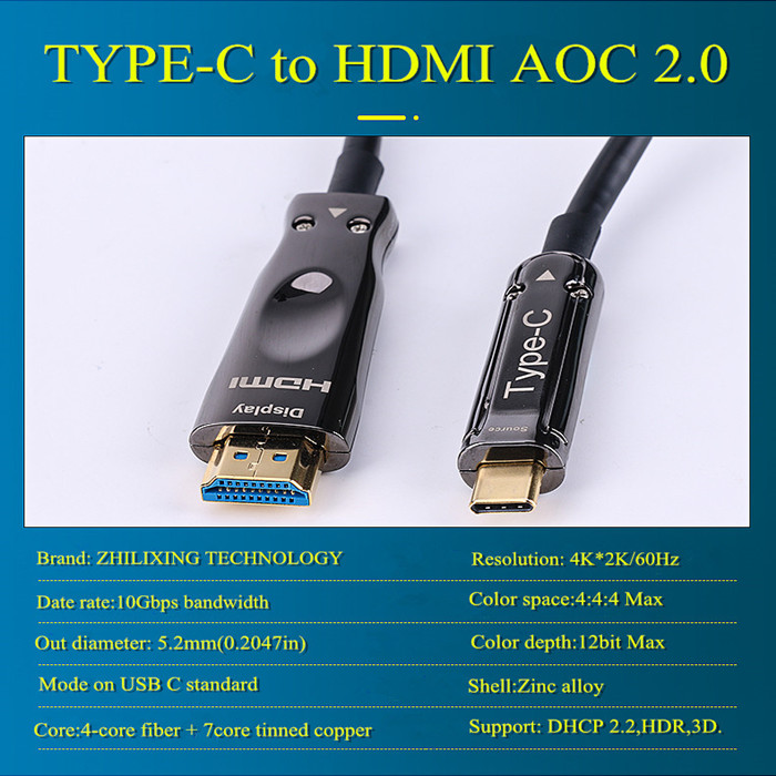 10 Meters Type-C To HDMI AOC Cable With 4K*2K/60Hz For Projection System