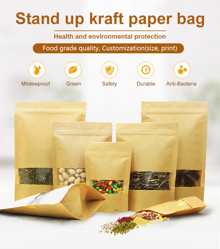 Supply Kraft Paper Flat Bottom Stand Up Food Packaging Bag Wholesale