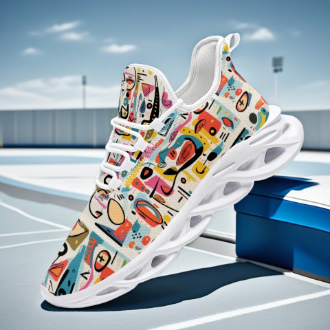 Colorful Graffiti Pattern White Blade Sole Running Shoes – Breathable Mesh Sneakers