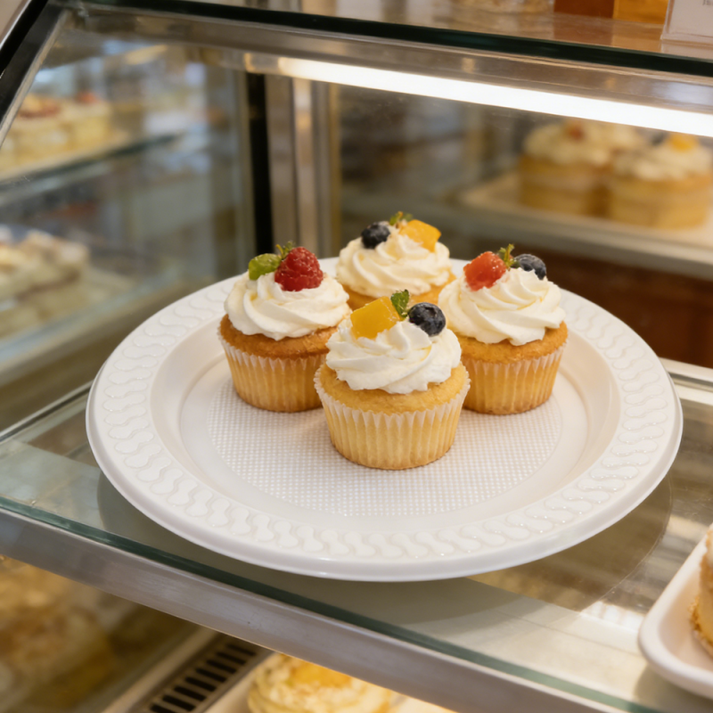 Assiettes rondes blanches élégantes en PS pour traiteur et réception