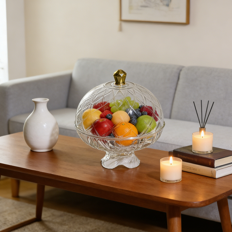 Elegante, transparente Luxus-Obstschale aus PET mit Deckel