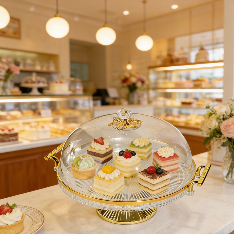 Elegant PS Gold Serving Tray Cake Stand with Dome