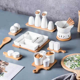 Creative Ceramic Dish Plates Set For Snacks With Bamboo Tray