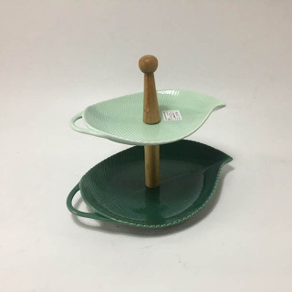 Espositore per piatti da torta in ceramica bianca a 2 livelli in ceramica verde