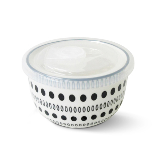 Black Dot Pattern Ceramic Fresh Serving Soup Bowl With Plastic Lid Microwave For Instant Noodle