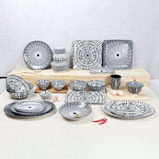 Nouveau européen moderne noir blanc ligne vaisselle assiettes de cuisine ensembles ensembles de vaisselle