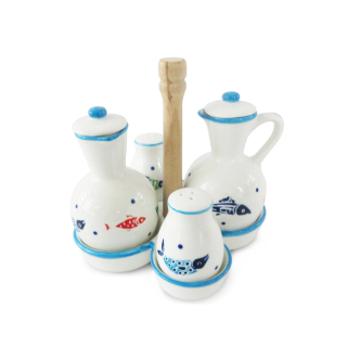 Fiskdesign Keramik Salt Peppar Oljeflaska Set med trähandtag Köksredskap för matlagning Olja Vinägerflaskor