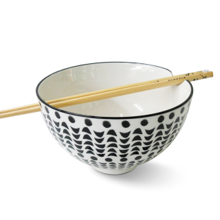 Black Design Style Printting Porcelain Bowl With Chopstick