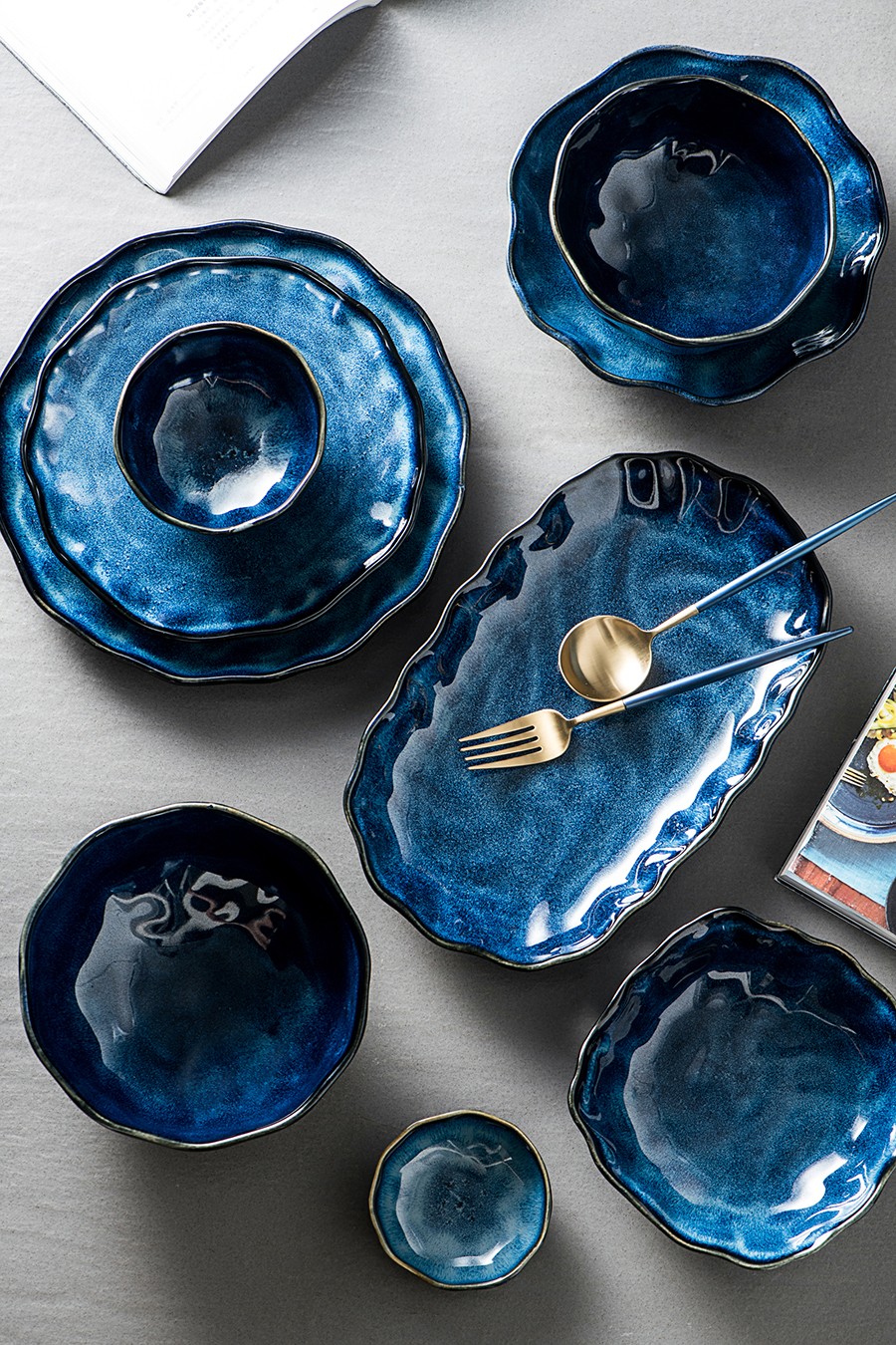 blue ceramic tableware
