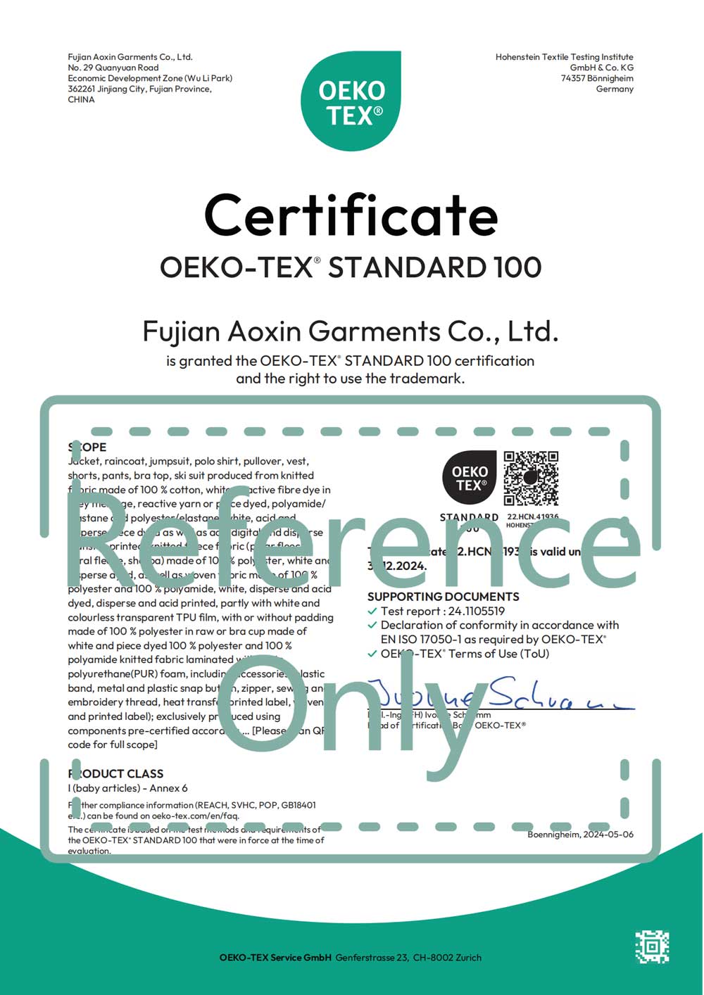 OKEO-TEX Certificate