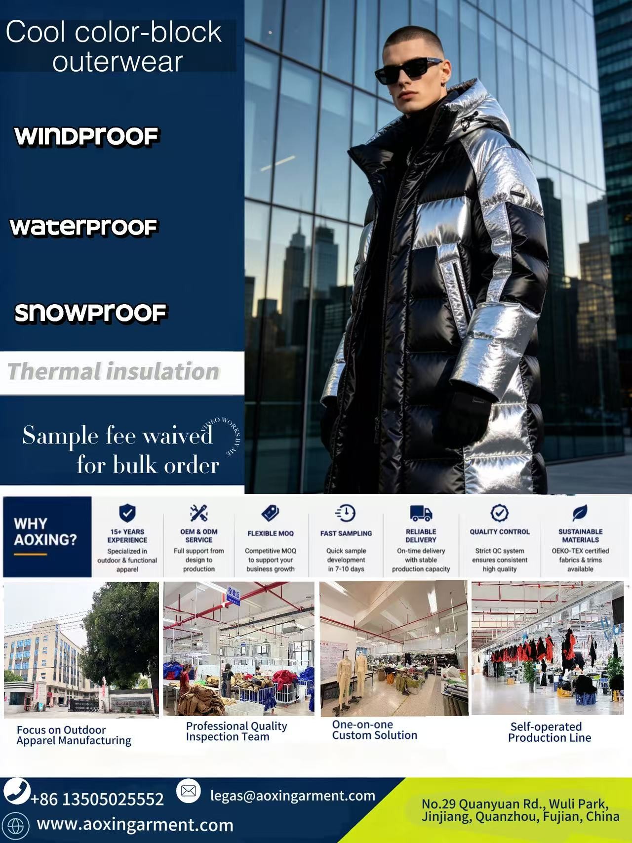 Long color-block shiny puffer coat, striking silver