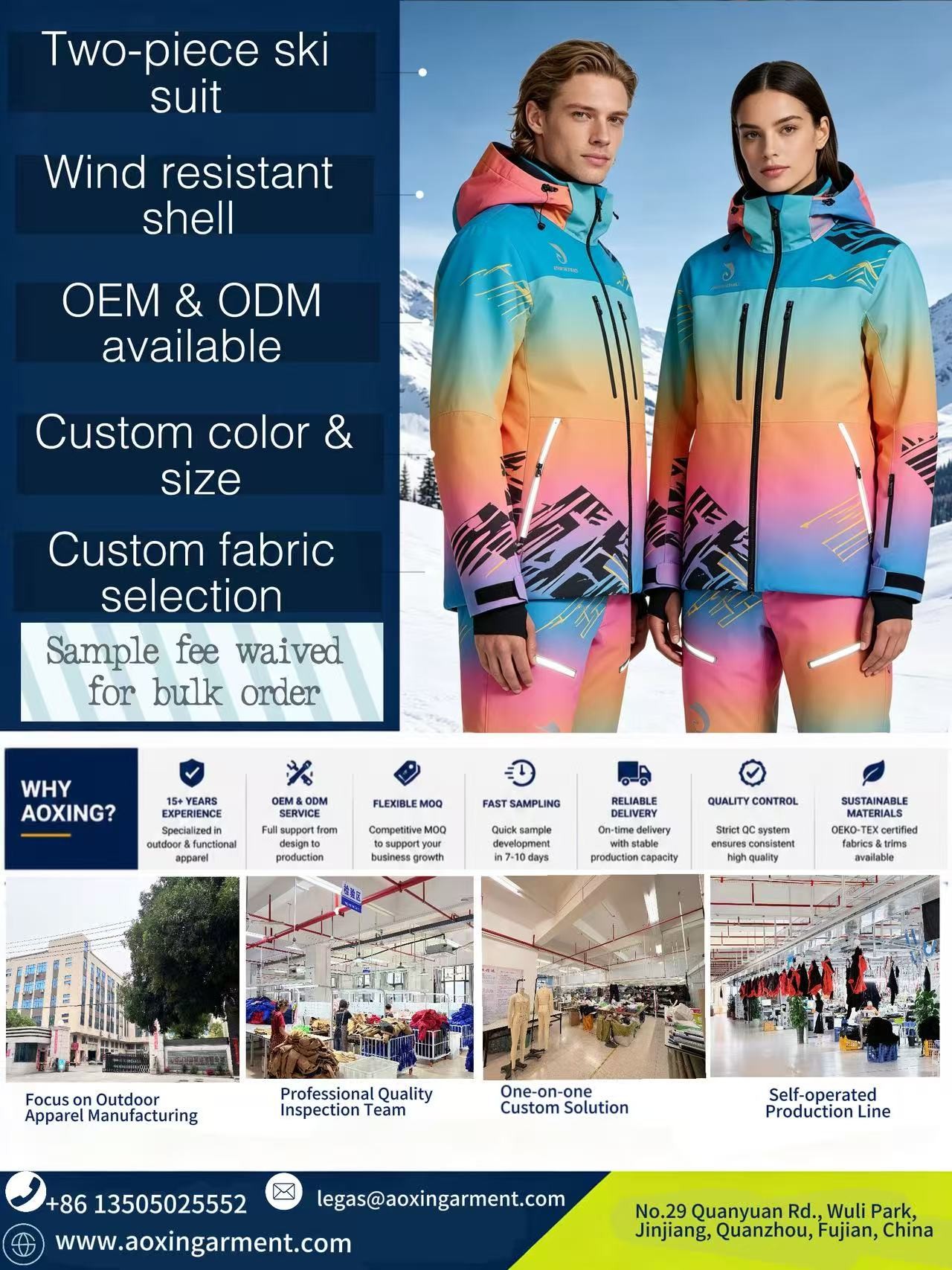 Unisex gradient color ski suit set (jacket + trousers), stylish mountain graphic printing, ideal for ski resort & alpine outdoor sports.