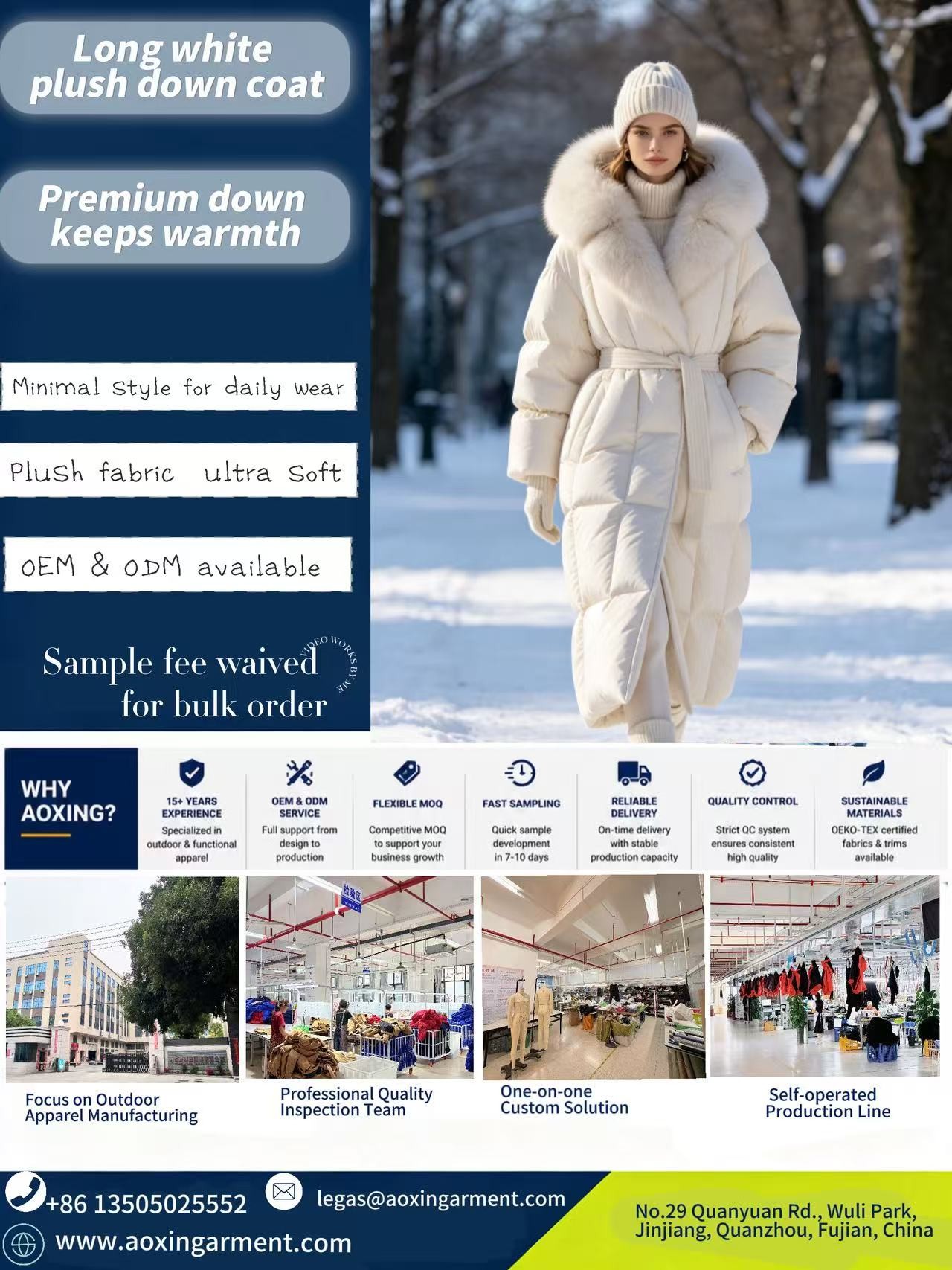 Luxury long white down coat with oversized fluffy fur collar, elegant waist tie design to define your figure.