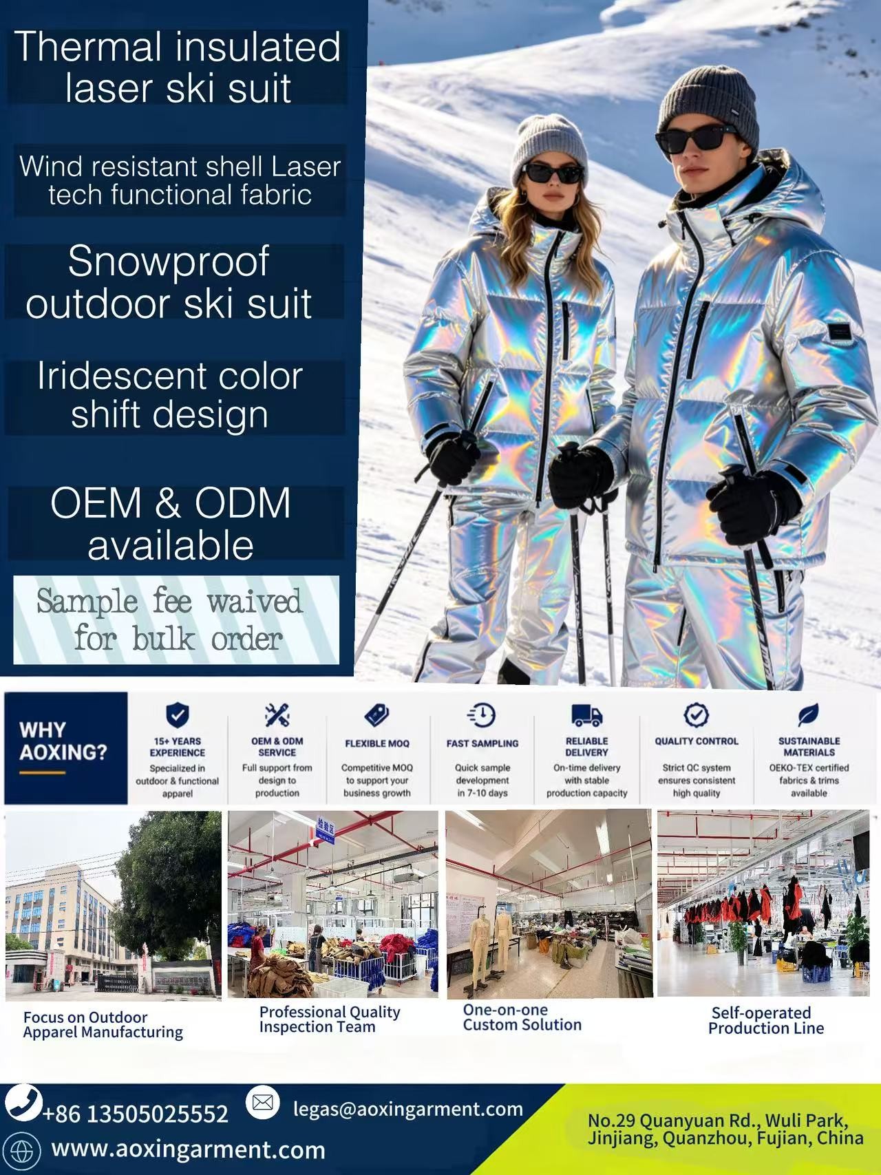 Unisex holographic silver ski suit set including jacket & ski pants, perfect for ski resort and winter outdoor activities.