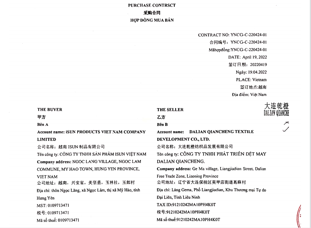 Contract for Candle wick exported to Vietnam