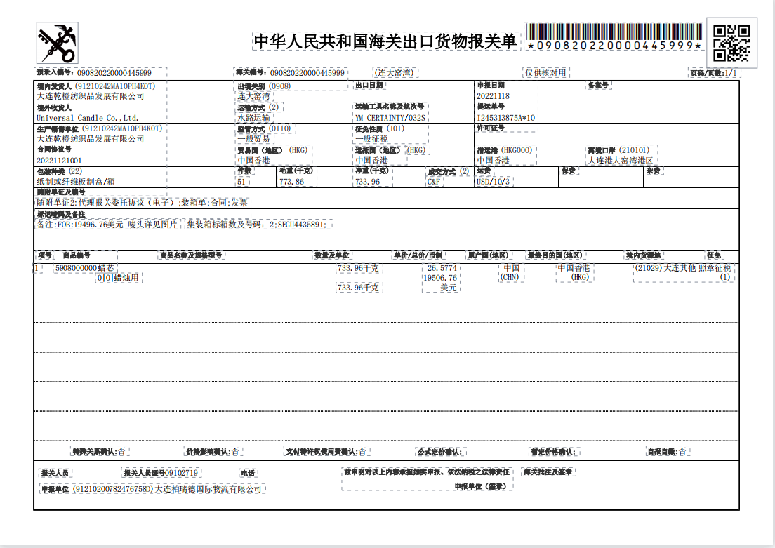 Export customs clearance completed