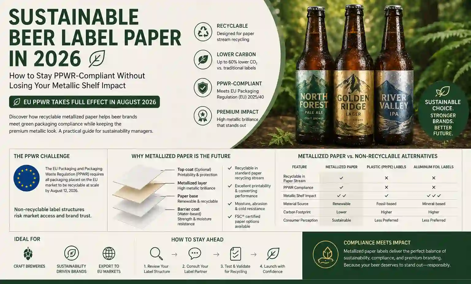 Sustainable Beer Label Paper in 2026: How to Stay PPWR-Compliant Without Losing Your Metallic Shelf Impact