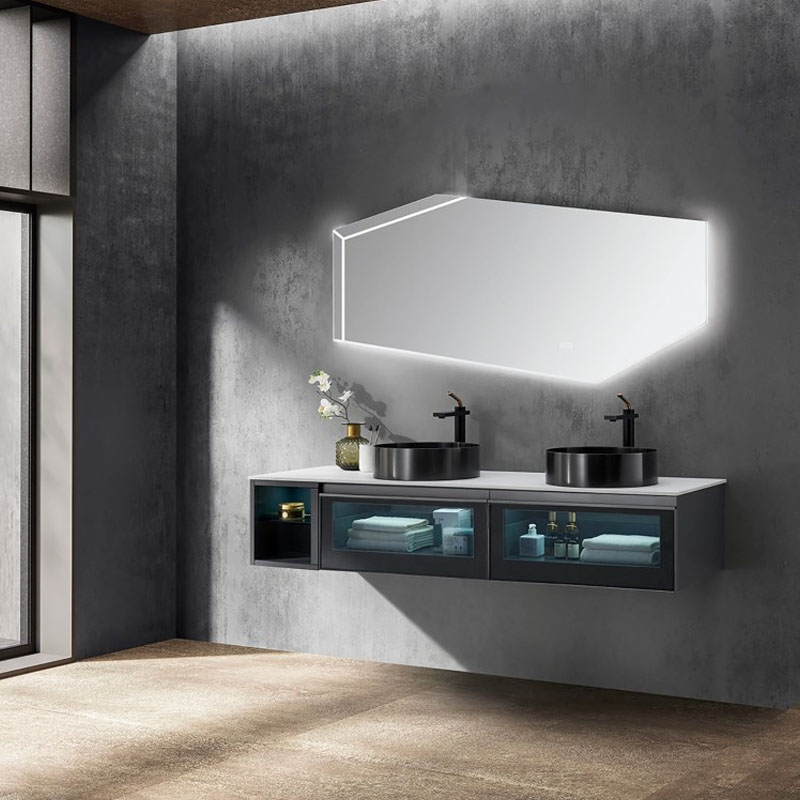 Grey Vanity Bathroom With Sink And Led Mirror