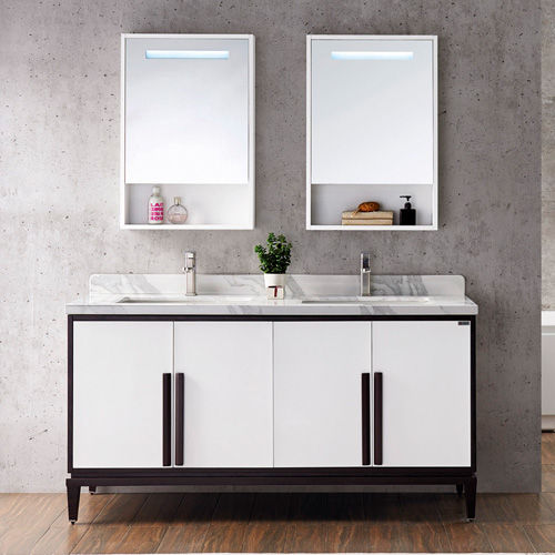 White double sink floor standing bathroom vanity with light