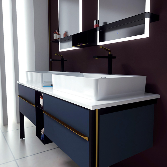 Blue double basin waterproof bathroom vanity with led light mirror