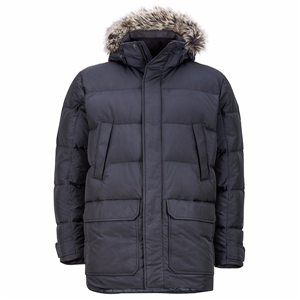 Men's full length nylon quilted snorkel parka with removable faux fur trimmed hood