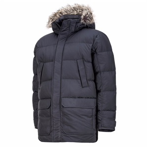 Men's full length nylon quilted snorkel parka with removable faux fur trimmed hood