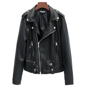 Women's short-length slim-fit lapel faux leather PU moto jacket