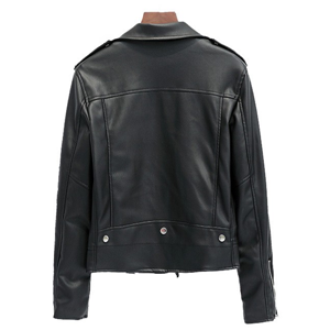 Women's short-length slim-fit lapel faux leather PU moto jacket